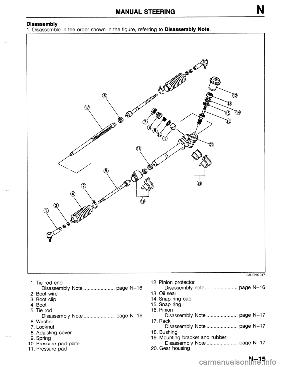MAZDA 323 1989 Factory Repair Manual MANUAL STEERING N
Disassembly
1. Disassemble in the order shown in the figure, referring to Disassembly Note.
23UONX-017
1. Tie rod end 12. Pinion protector
Disassembly Note . . . . . . . . . . . MAZDA 323 1989 Factory Repair Manual MANUAL STEERING N
Disassembly
1. Disassemble in the order shown in the figure, referring to Disassembly Note.
23UONX-017
1. Tie rod end 12. Pinion protector
Disassembly Note . . . . . . . . . . .