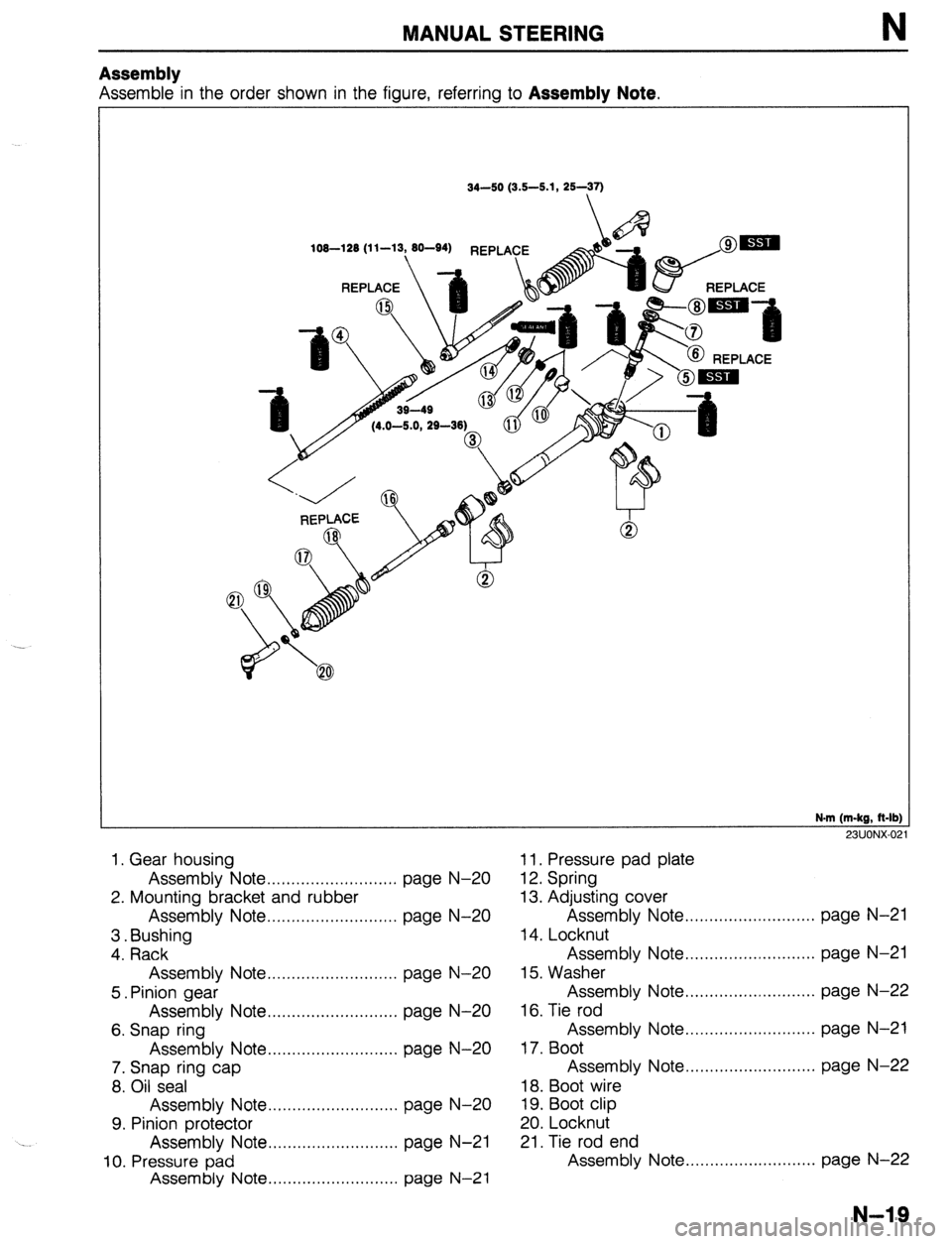 MAZDA 323 1989 Factory Repair Manual MANUAL STEERING N
Assembly
Assemble in the order shown in the figure, referring to Assembly Note.
REPLACE 1 J REPLACE
REPLACE
N.m (m-kg, ft-lb)
7% lilNXA7
----. .,. --
1. Gear housing 11. Pre MAZDA 323 1989 Factory Repair Manual MANUAL STEERING N
Assembly
Assemble in the order shown in the figure, referring to Assembly Note.
REPLACE 1 J REPLACE
REPLACE
N.m (m-kg, ft-lb)
7% lilNXA7
----. .,. --
1. Gear housing 11. Pre