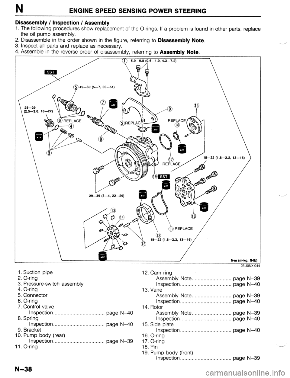 MAZDA 323 1989 Factory Repair Manual N ENGINE SPEED SENSING POWER STEERING
Disassembly / Inspection / Assembly
1. The following procedures show replacement of the O-rings. If a problem is found in other parts, replace
the oil pump ass MAZDA 323 1989 Factory Repair Manual N ENGINE SPEED SENSING POWER STEERING
Disassembly / Inspection / Assembly
1. The following procedures show replacement of the O-rings. If a problem is found in other parts, replace
the oil pump ass
