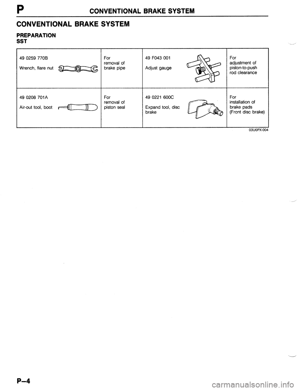MAZDA 323 1989 Factory Repair Manual CONVENTIONAL BRAKE SYSTEM
CONVENTIONAL BRAKE SYSTEM
PREPARATION
SST
49 0259 770B
For 49 F043 001
For
removal of
adjustment of
Wrench, flare nut
w brake pipe Adjust gauge
piston-to-push
rod MAZDA 323 1989 Factory Repair Manual CONVENTIONAL BRAKE SYSTEM
CONVENTIONAL BRAKE SYSTEM
PREPARATION
SST
49 0259 770B
For 49 F043 001
For
removal of
adjustment of
Wrench, flare nut
w brake pipe Adjust gauge
piston-to-push
rod