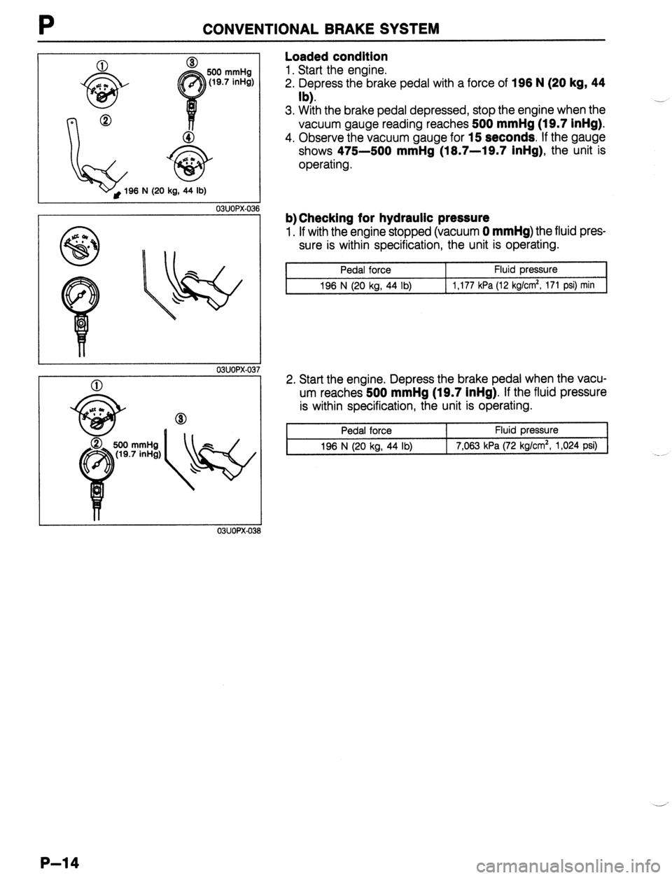 MAZDA 323 1989 Factory Repair Manual P CONVENTIONAL BRAKE SYSTEM
0 8
500 mmHg
(19.7 inHg)
96 N (20 kg, 44 lb)
03UOPX-03
03UOPX-03
03UOPX-031
Loaded condition
1. Start the engine.
2. Depress the brake pedal with a force of 196 N MAZDA 323 1989 Factory Repair Manual P CONVENTIONAL BRAKE SYSTEM
0 8
500 mmHg
(19.7 inHg)
96 N (20 kg, 44 lb)
03UOPX-03
03UOPX-03
03UOPX-031
Loaded condition
1. Start the engine.
2. Depress the brake pedal with a force of 196 N