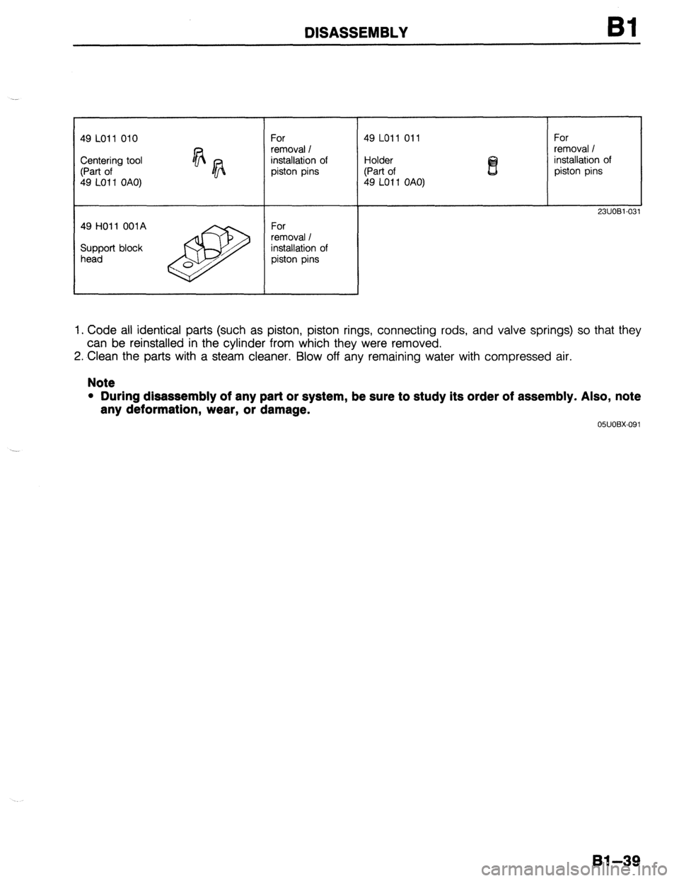 MAZDA 323 1989  Factory Manual PDF DISASSEMBLY Bl 
I I 
49 LO11 010 
Centering tool 
(Part of 
49 LO1 1 OAO) For 
removal I 
installation of 
piston pins 49 LO11 011 
Holder 
(Part of 
49 LO1 1 OAO) For 
removal I 
installation of 
pis