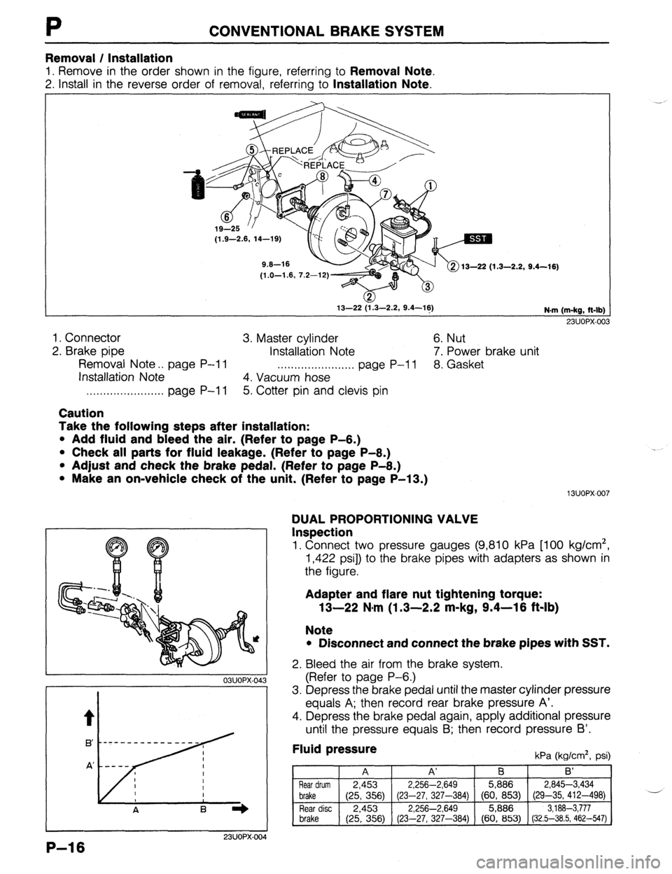 MAZDA 323 1989 Factory Repair Manual P CONVENTIONALBRAKESYSTEM
Removal / Installation
1. Remove in the order shown in the figure, referring to Removal Note.
2. install in the reverse order of removal, referring to Installation Note.
MAZDA 323 1989 Factory Repair Manual P CONVENTIONALBRAKESYSTEM
Removal / Installation
1. Remove in the order shown in the figure, referring to Removal Note.
2. install in the reverse order of removal, referring to Installation Note.