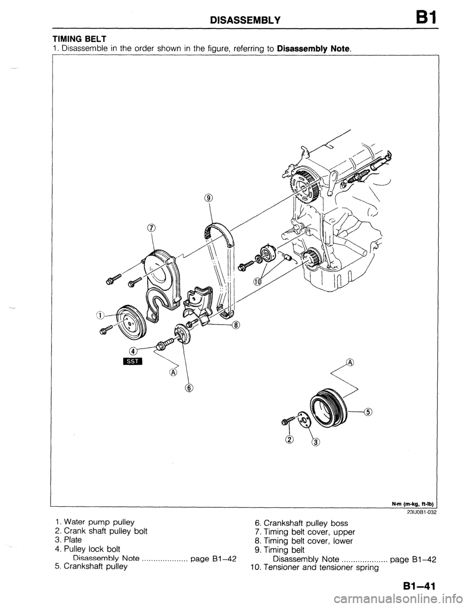 MAZDA 323 1989  Factory Manual PDF DISASSEMBLY Bl 
TIMING BELT 
23UOBl-032 
1. Water pump pulley 
2. Crank shaft pulley bolt 6. Crankshaft pulley boss 
3. Plate 7. Timing belt cover, upper 
4. Pulley lock bolt 8. Timing belt cover, low