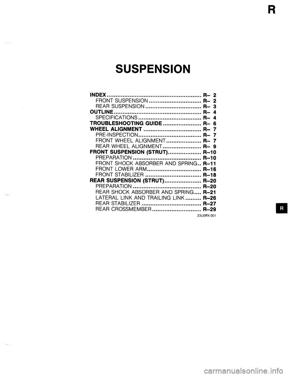 MAZDA 323 1989  Factory Repair Manual R 
SUSPENSION 
INDEX ...................................................... R- 2 
FRONT SUSPENSION .............................. 
R- 2 
REAR SUSPENSION ................................ R- 3 
OUTLINE 