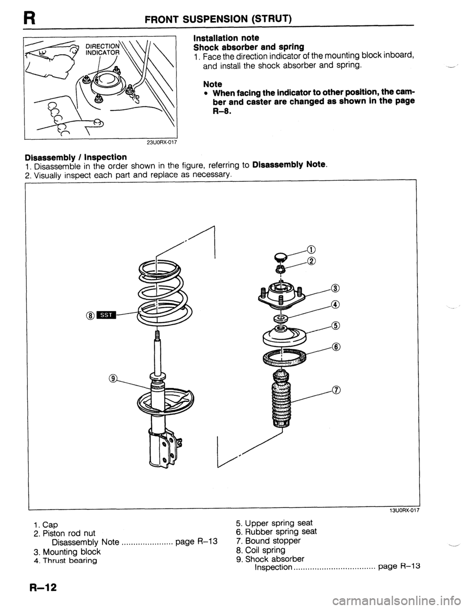 MAZDA 323 1989  Factory Repair Manual FRONT SUSPENSION (STRUT) 
Installation note 
Shock absorber and spring 
1. Face the direction indicator of the mounting block inboard, 
and install the shock absorber and spring. 
Note 
l When facing 