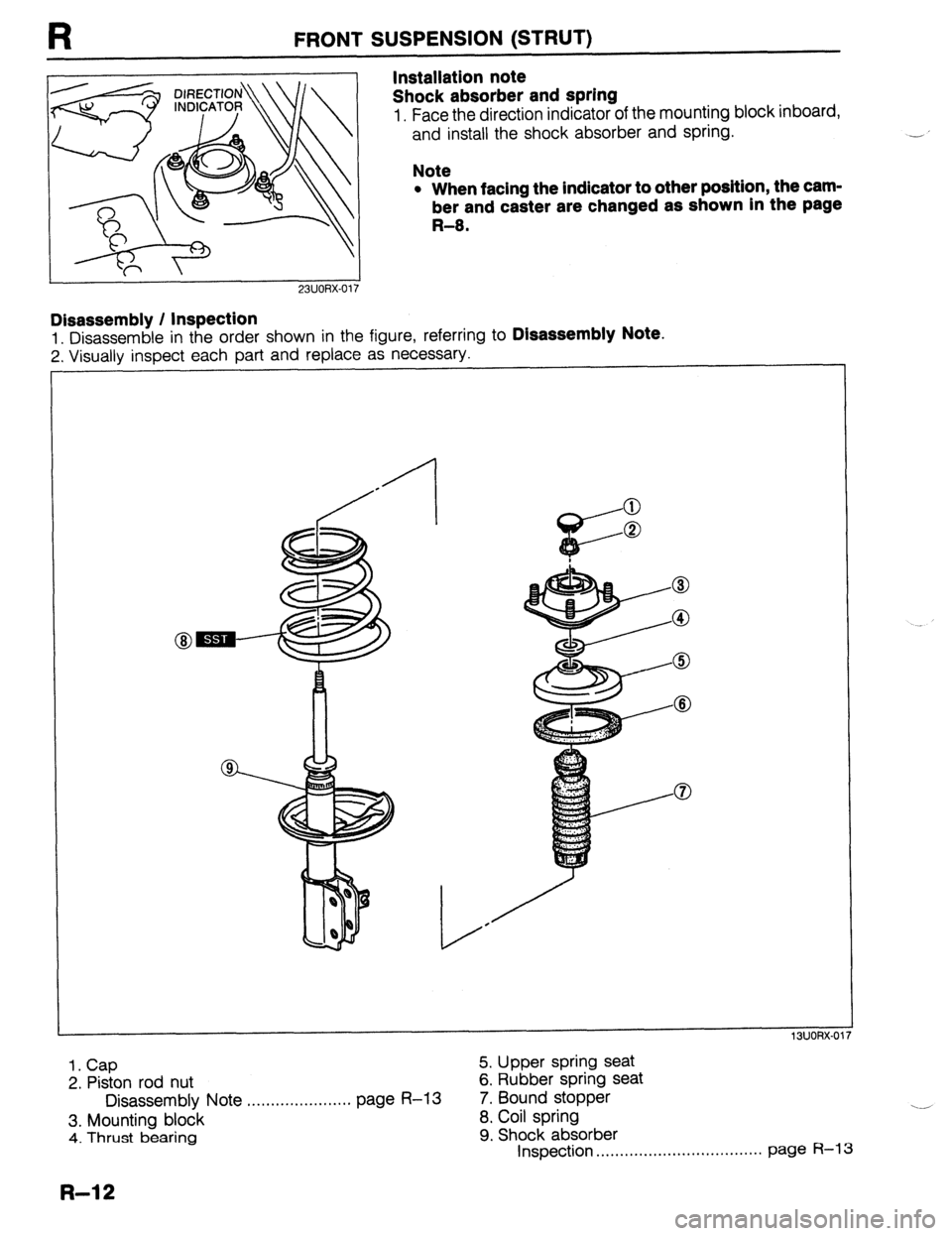 MAZDA 323 1989 Factory Repair Manual FRONT SUSPENSION (STRUT)
Installation note
Shock absorber and spring
1. Face the direction indicator of the mounting block inboard,
and install the shock absorber and spring.
Note
l When facing MAZDA 323 1989 Factory Repair Manual FRONT SUSPENSION (STRUT)
Installation note
Shock absorber and spring
1. Face the direction indicator of the mounting block inboard,
and install the shock absorber and spring.
Note
l When facing