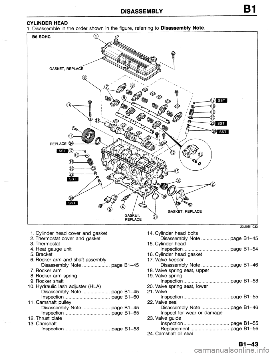 MAZDA 323 1989  Factory Manual PDF DISASSEMBLY Bl 
CYLINDER HEAD 
1. Disassemble in the order shown in the figure, referring to Disassembly Note. 
GASKET, REPLA 
B6 SOHC 
1. Cylinder head cover and gasket 14. Cylinder head bolts 
2. Th