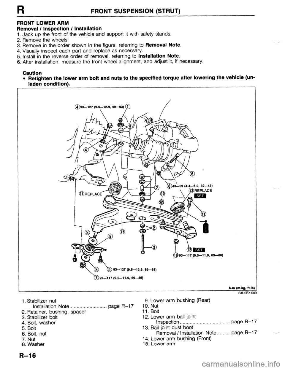 MAZDA 323 1989 Factory Repair Manual FRONT SUSPENSION (STRUT)
FRONT LOWER ARM
Removal / Inspection / Installation
1. Jack up the front of the vehicle and support it with safety stands.
2. Remove the wheels.
3. Remove in the order sh MAZDA 323 1989 Factory Repair Manual FRONT SUSPENSION (STRUT)
FRONT LOWER ARM
Removal / Inspection / Installation
1. Jack up the front of the vehicle and support it with safety stands.
2. Remove the wheels.
3. Remove in the order sh