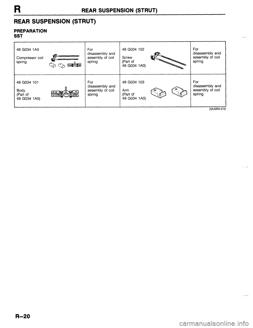 MAZDA 323 1989  Factory Repair Manual R REAR SUSPENSION (STRUT) 
REAR SUSPENSION (STRUT) 
PREPARATION 
SST 
49 GO34 1AO 
disassembly and 
49 GO34 101 
R-20  