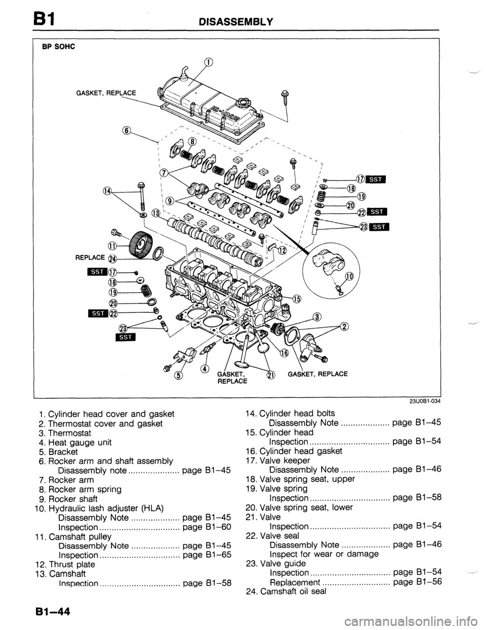 MAZDA 323 1989  Factory Manual PDF Bl DISASSEMBLY 
BP SOHC 
GASKET, REPLACE @g-p-- 
1. Cylinder head cover and gasket 14. Cylinder head bolts 
2. Thermostat cover and gasket Disassembly Note . . . . . . . . . . . . . . . . . . . . page