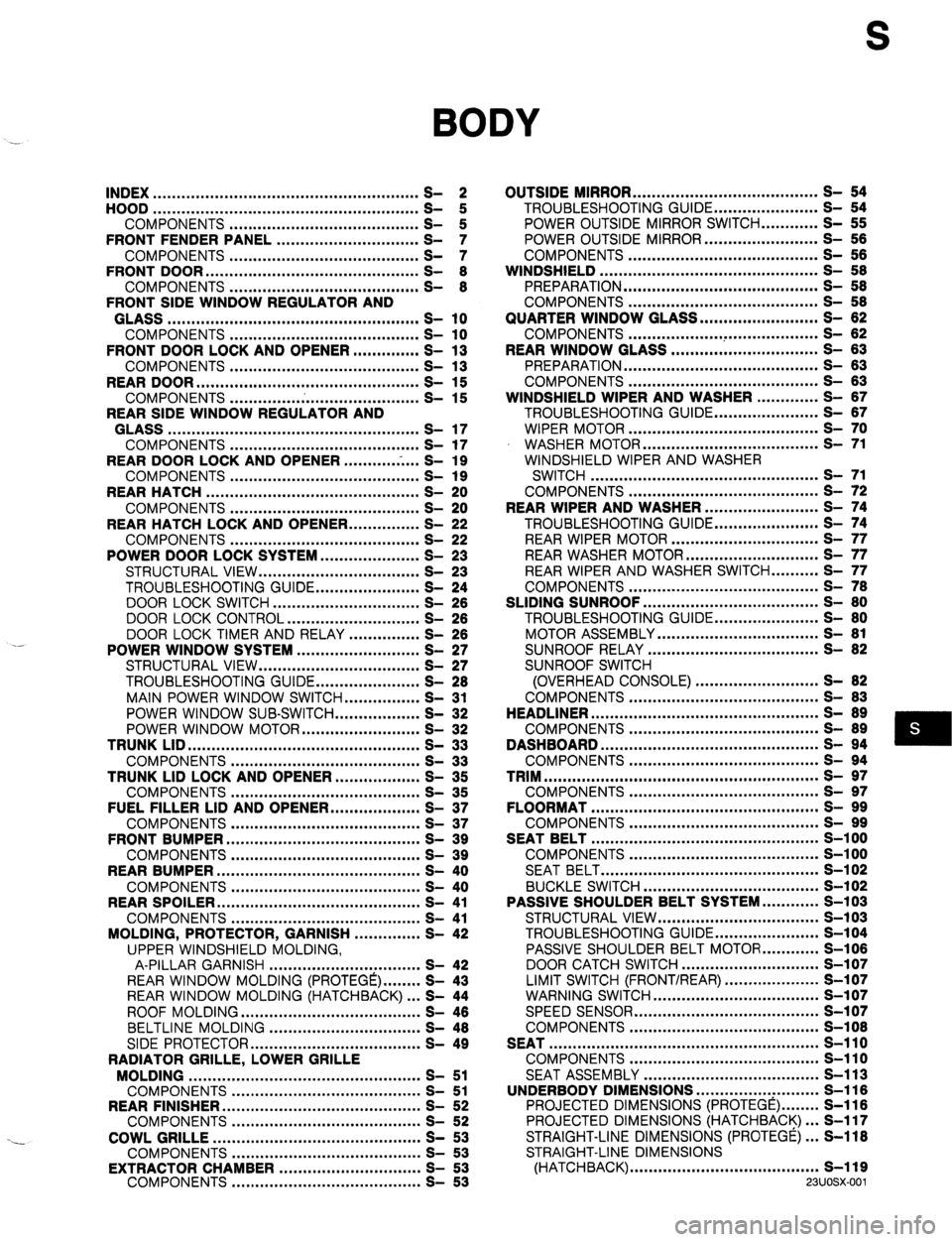 MAZDA 323 1989  Factory Repair Manual S 
BODY 
INDEX ........................................................ 2 
HOOD ........................................................ 
COMPONENTS ........................................ t 
FRONT F