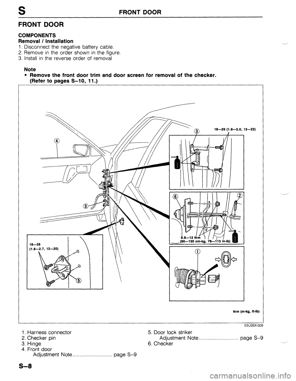 MAZDA 323 1989  Factory Repair Manual FRONT DOOR 
FRONT DOOR 
COMPONENTS 
Removal / Installation 
1. Disconnect the negative battery cable. 
2. Remove in the order shown in the figure. 
3. Install in the reverse order of removal 
Note 
l 