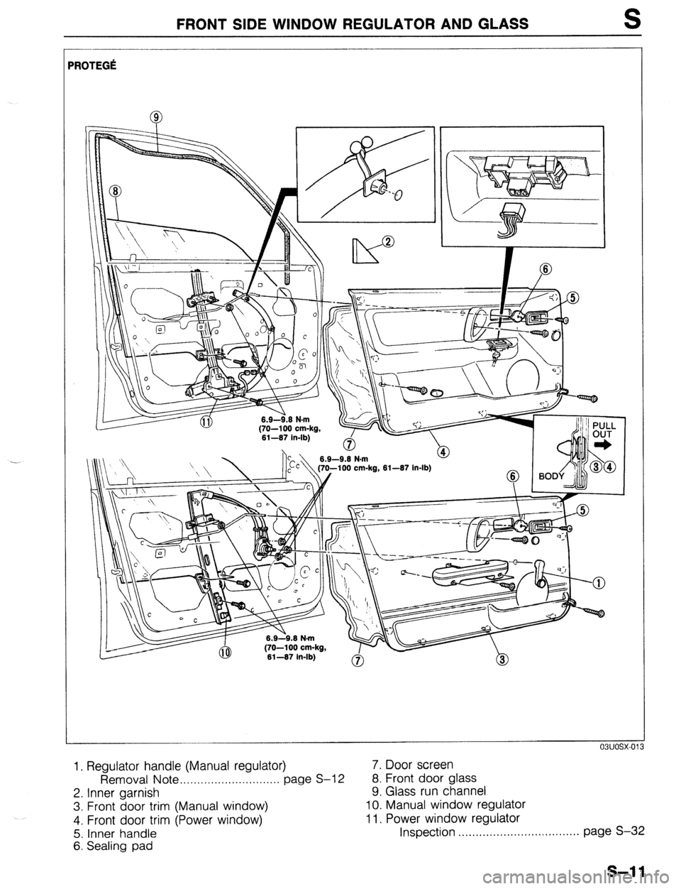 MAZDA 323 1989  Factory Repair Manual FRONT SIDE WINDOW REGULATOR AND GLASS 
‘ROTEGk 
(70-100 cm-kg, 
81-87 in-lb) 
(70-100 cm-kg, 
81-87 in-lb) 
0 
1. Regulator handle (Manual regulator) 7. Door screen 
Removal Note . . . . . . . . . .