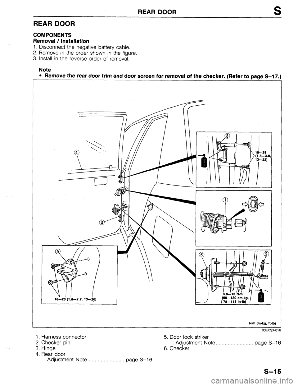 MAZDA 323 1989  Factory Repair Manual REAR DOOR S 
REAR DOOR 
COMPONENTS 
Removal / Installation 
1. Disconnect the negative battery cable. 
2. Remove in the order shown in the figure. 
3. Install in the reverse order of removal. 
Note 
l