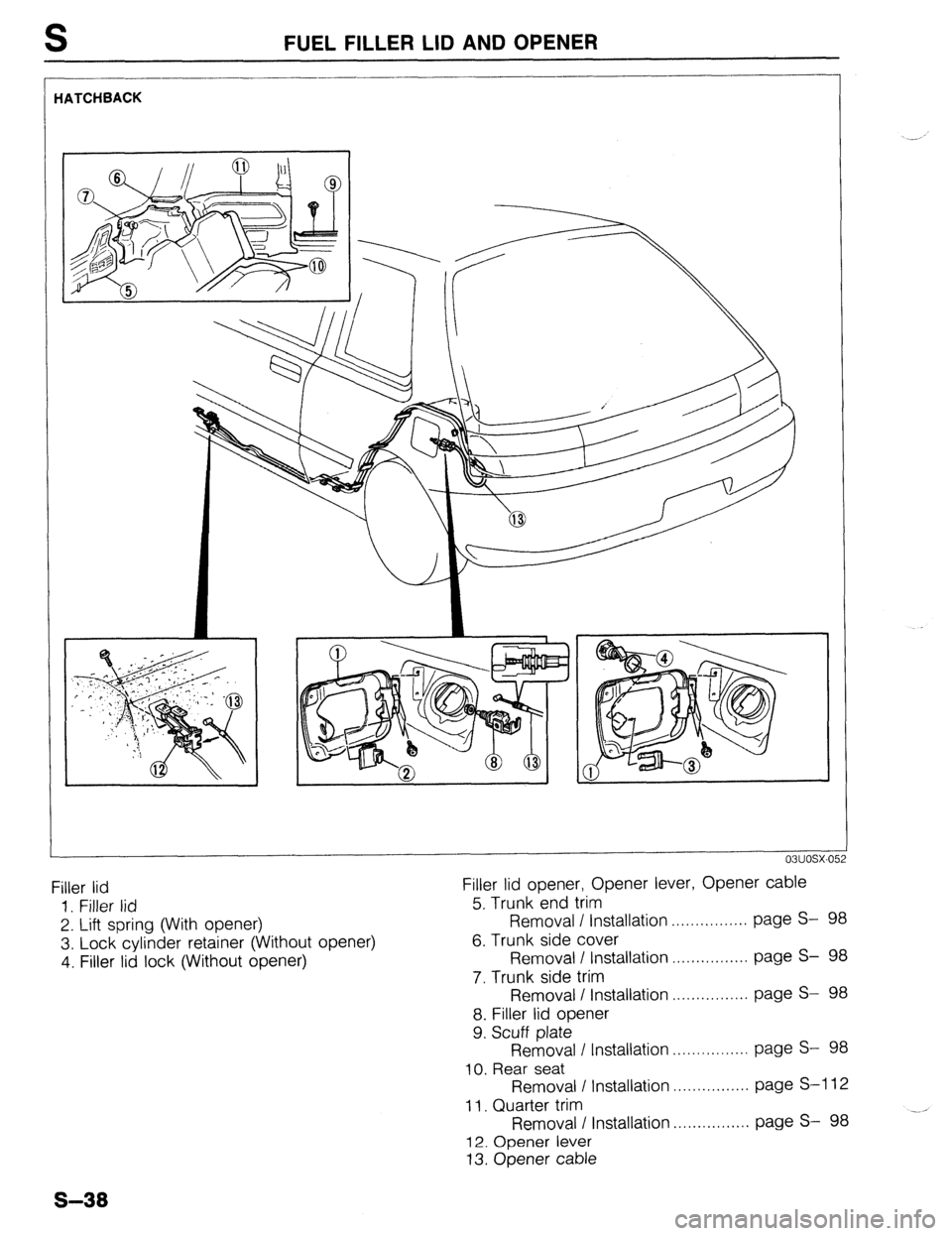 MAZDA 323 1989  Factory Repair Manual S FUEL FILLER LID AND OPENER 
-iATCHBACK 
Filler lid 
1 Filler lid 
2. Lift spring (With opener) 
3. Lock cylinder retainer (Without opener) 
4. Filler lid lock (Without opener) Filler lid opener, Ope