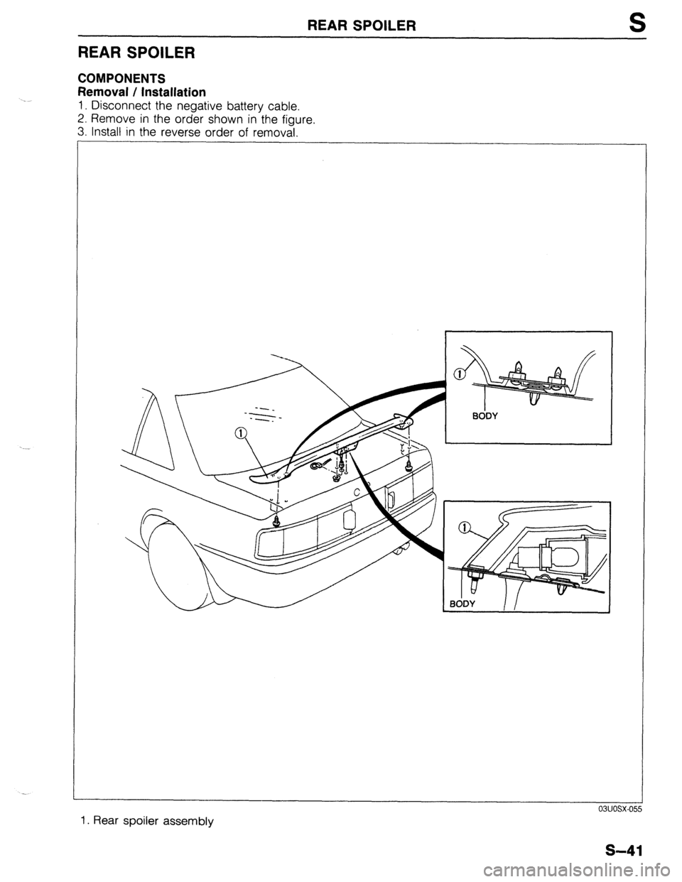 MAZDA 323 1989  Factory Repair Manual REAR SPOILER S 
REAR SPOILER 
COMPONENTS 
Removal / Installation 
1. Disconnect the negative battery cable. 
2. Remove in the order shown in the figure. 
3. Install in the reverse order of removal. 
1