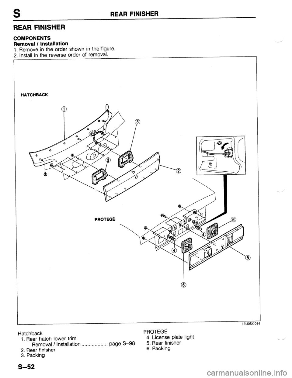 MAZDA 323 1989  Factory Repair Manual S REAR FINISHER 
REAR FINISHER 
COMPONENTS 
Removal / Installation 
1. Remove in the order shown in the figure. 
2. Install in the reverse order of removal. 
HATCHBACK 
Hatchback PROTEGE 
1. Rear hatc