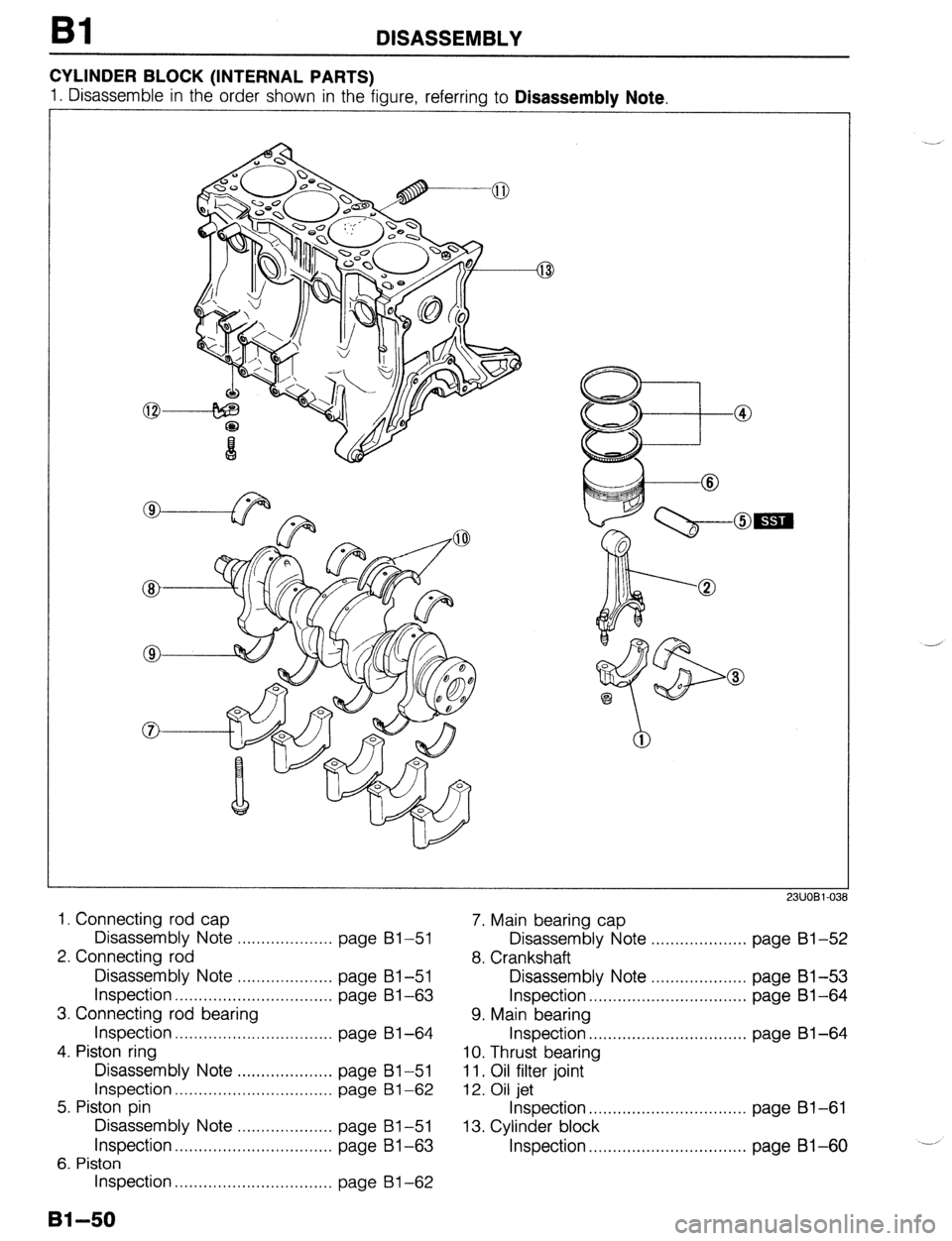 MAZDA 323 1989  Factory Manual PDF Bl DISASSEMBLY 
CYLINDER BLOCK (INTERNAL PARTS) 
1. Disassemble in the order shown in the figure, referring to Disassembly Note. 
1. Connecting rod cap 
7. Main bearing cap 
Disassembly Note . . . . .