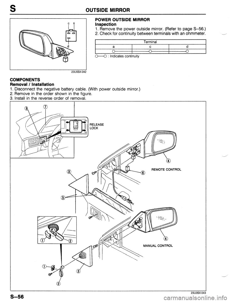 MAZDA 323 1989 Factory Repair Manual OUTSIDE MIRROR
c a
23UOSX.042
POWER OUTSIDE MIRROR
Inspection
1. Remove the power outside mirror. (Refer to page S-56.)
2. Check for continuity between terminals with an ohmmeter.
I
Terminal I MAZDA 323 1989 Factory Repair Manual OUTSIDE MIRROR
c a
23UOSX.042
POWER OUTSIDE MIRROR
Inspection
1. Remove the power outside mirror. (Refer to page S-56.)
2. Check for continuity between terminals with an ohmmeter.
I
Terminal I