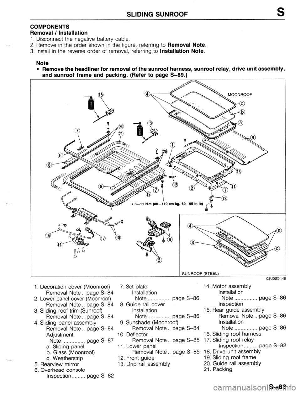 MAZDA 323 1989 Factory Repair Manual SLIDING SUNROOF
COMPONENTS
Removal / Installation
1. Disconnect the negative battery cable.
2. Remove in the order shown in the figure, referring to Removal Note.
3. Install in the reverse order MAZDA 323 1989 Factory Repair Manual SLIDING SUNROOF
COMPONENTS
Removal / Installation
1. Disconnect the negative battery cable.
2. Remove in the order shown in the figure, referring to Removal Note.
3. Install in the reverse order