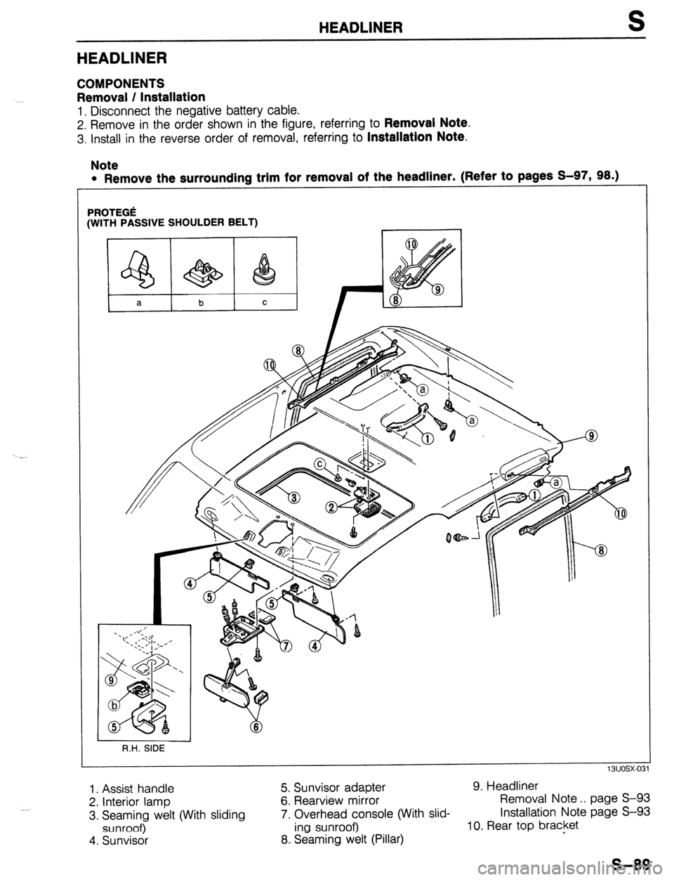 MAZDA 323 1989  Factory Repair Manual S 
HEADLINEF? 
COMPONENTS 
Removal / Installation 
1, Disconnect the negative battery cable. 
2. Remove in the order shown in the figure, referring to 
Removal Note. 
3. Install in the reverse order o