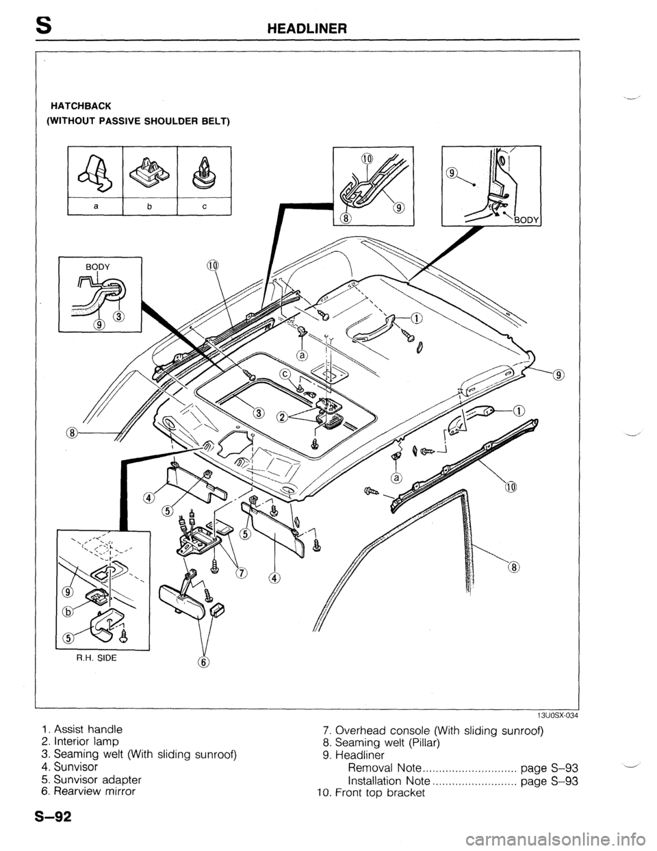 MAZDA 323 1989  Factory Repair Manual s HEADLINER 
HATCHBACK 
(WITHOUT PASSIVE SHOULDER BELT) 
R.H. SIDE 
1. Assist handle 
2. Interior lamp 
3. Seaming welt (With sliding sunroof) 
4. Sunvisor 
5. Sunvisor adapter 
6. Rearview mirror 
13