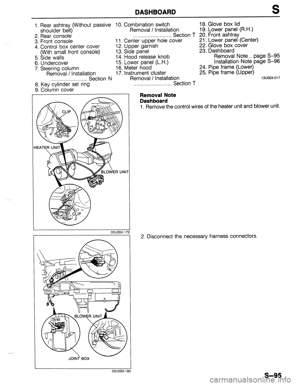 MAZDA 323 1989 Factory Repair Manual DASHBOARD S
1, Rear ashtray (Without passive IO. Combination switch 18. Glove box lid
shoulder belt) Removal / Installation 19. Lower panel (R.H.)
2. Rear console ,..,,.,......,,.,.,....... Section MAZDA 323 1989 Factory Repair Manual DASHBOARD S
1, Rear ashtray (Without passive IO. Combination switch 18. Glove box lid
shoulder belt) Removal / Installation 19. Lower panel (R.H.)
2. Rear console ,..,,.,......,,.,.,....... Section