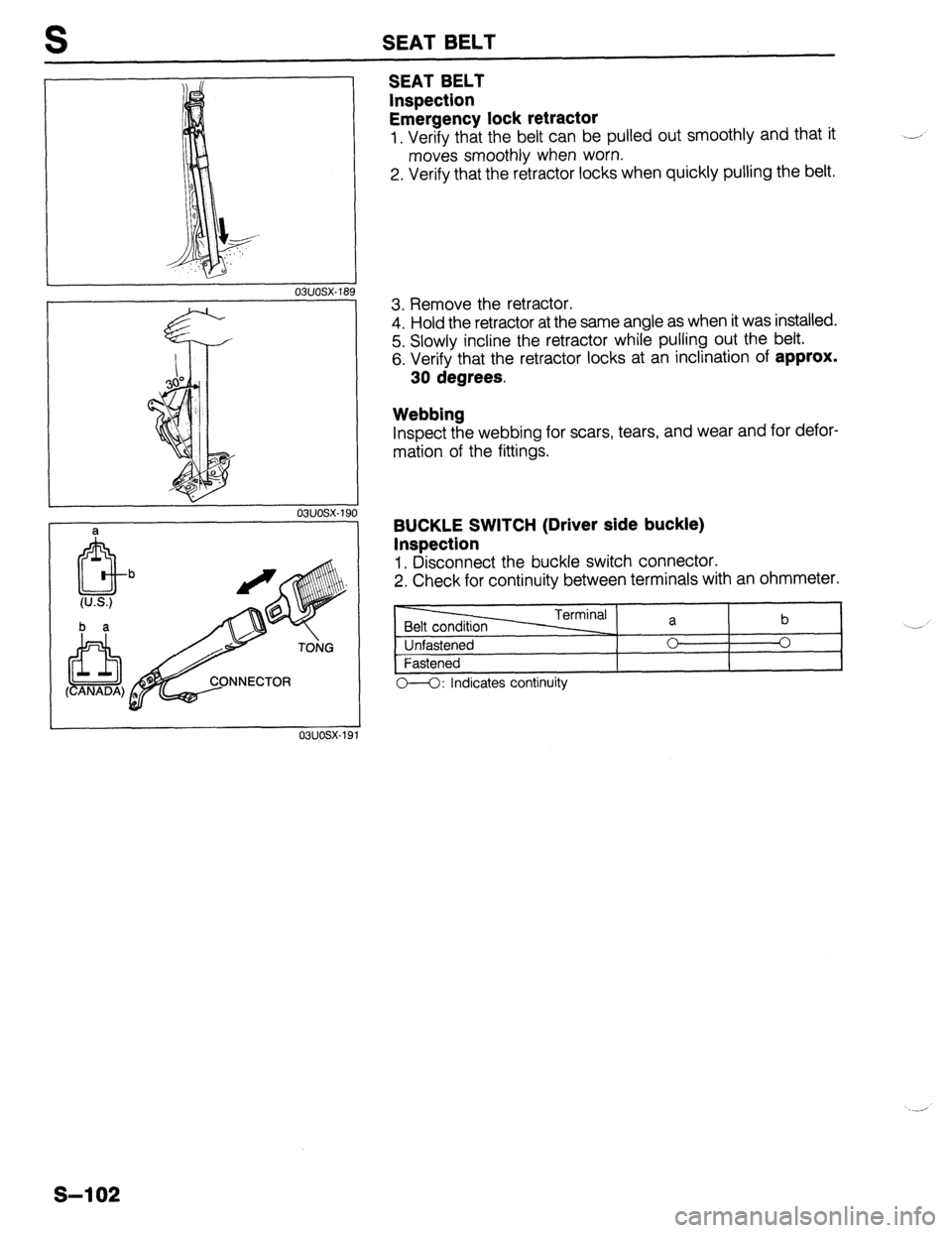 MAZDA 323 1989 Factory Repair Manual S SEAT BELT
a
(U.S.)
b a
wuosx-I 9 1
SEAT BELT
Inspection
Emergency lock retractor
1. Verify that the belt can be pulled out smoothly and that it
moves smoothly when worn.
2. Verify that the MAZDA 323 1989 Factory Repair Manual S SEAT BELT
a
(U.S.)
b a
wuosx-I 9 1
SEAT BELT
Inspection
Emergency lock retractor
1. Verify that the belt can be pulled out smoothly and that it
moves smoothly when worn.
2. Verify that the