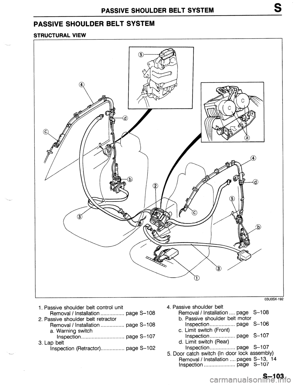 MAZDA 323 1989 Factory Repair Manual PASSIVE SHOULDER BELT SYSTEM S
PASSIVE SHOULDER BELT SYSTEM
STRLICTURAL VIEW
--
1, Passive shoulder belt control unit
Removal / Installation . . . . . . . . . . . . . . . . page S-l 08
2. Passiv MAZDA 323 1989 Factory Repair Manual PASSIVE SHOULDER BELT SYSTEM S
PASSIVE SHOULDER BELT SYSTEM
STRLICTURAL VIEW
--
1, Passive shoulder belt control unit
Removal / Installation . . . . . . . . . . . . . . . . page S-l 08
2. Passiv