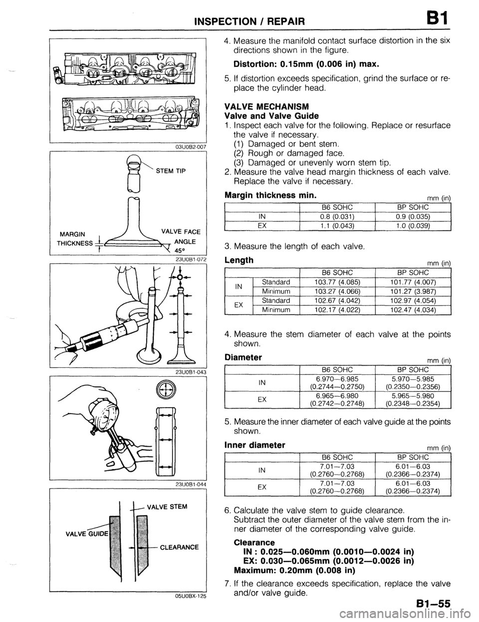 MAZDA 323 1989  Factory Manual Online INSPECTION / REPAIR Bl 
1 
I 
0311082-007 
STEM TIP 
MARGIN 
THICKNESS 
23UOBl-072 
2311091.04: 
2311091.04. 
II- VALVE STEM 
VALVE 
CLEARANCE 
J 05UOBX-125 
4. Measure the manifold contact surface di