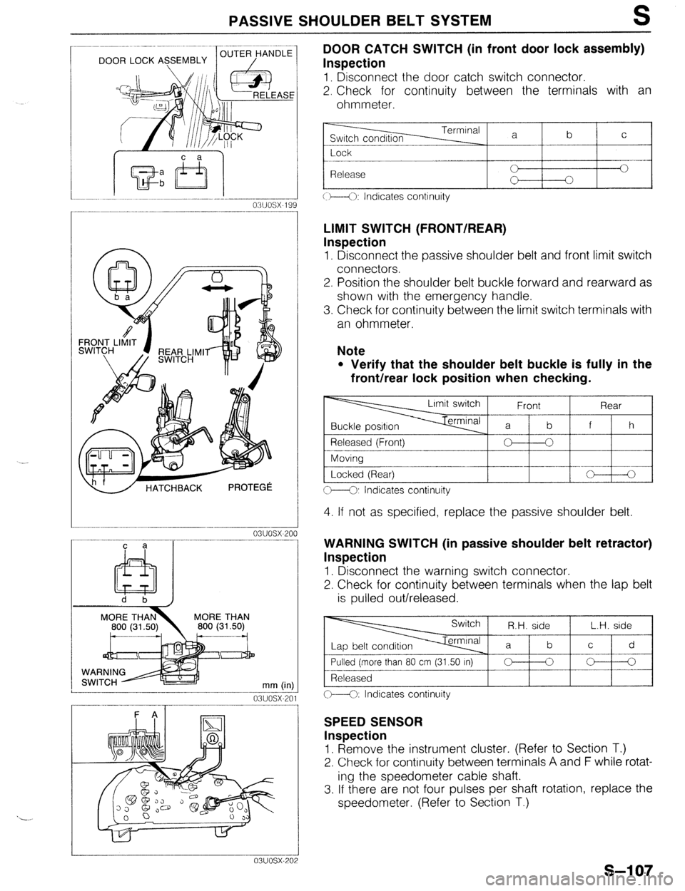 MAZDA 323 1989 Factory Repair Manual PASSIVE SHOULDER BELT SYSTEM S
DOOR CATCH SWITCH (in front door lock assembly)
Inspection
1. Disconnect the door catch switch connector.
2. Check for continuity between the terminals with an
ohmm MAZDA 323 1989 Factory Repair Manual PASSIVE SHOULDER BELT SYSTEM S
DOOR CATCH SWITCH (in front door lock assembly)
Inspection
1. Disconnect the door catch switch connector.
2. Check for continuity between the terminals with an
ohmm
