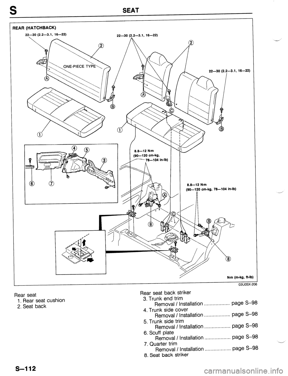 MAZDA 323 1989 Factory Repair Manual EAR (HATCHBACK) EAR (HATCHBACK)
22-30 (2.2-3.1, 16-22)
22-30 (?.2-3.1, 16-22)
S SEAT
-3.1, 16-22)
6.6-12 N.m
(So-120 cm-kg, 78-104 in-lb)
N.m (m-kg, ft-II
3)
,206
Rear seat
1. Rear seat cu MAZDA 323 1989 Factory Repair Manual EAR (HATCHBACK) EAR (HATCHBACK)
22-30 (2.2-3.1, 16-22)
22-30 (?.2-3.1, 16-22)
S SEAT
-3.1, 16-22)
6.6-12 N.m
(So-120 cm-kg, 78-104 in-lb)
N.m (m-kg, ft-II
3)
,206
Rear seat
1. Rear seat cu