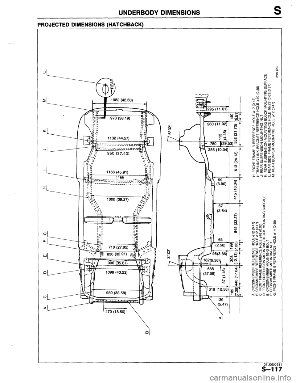 MAZDA 323 1989 Factory Repair Manual UNDERBODY DIMENSIONS
PROJECTED DIMENSIONS (HATCHBACK)
. ----- -__
I
c
98(
L
"‘c,,:, -
I IN R T.
amvnwuc7
03UOSX-21
s-11; MAZDA 323 1989 Factory Repair Manual UNDERBODY DIMENSIONS
PROJECTED DIMENSIONS (HATCHBACK)
. ----- -__
I
c
98(
L
"‘c,,:, -
I IN R T.
amvnwuc7
03UOSX-21
s-11;