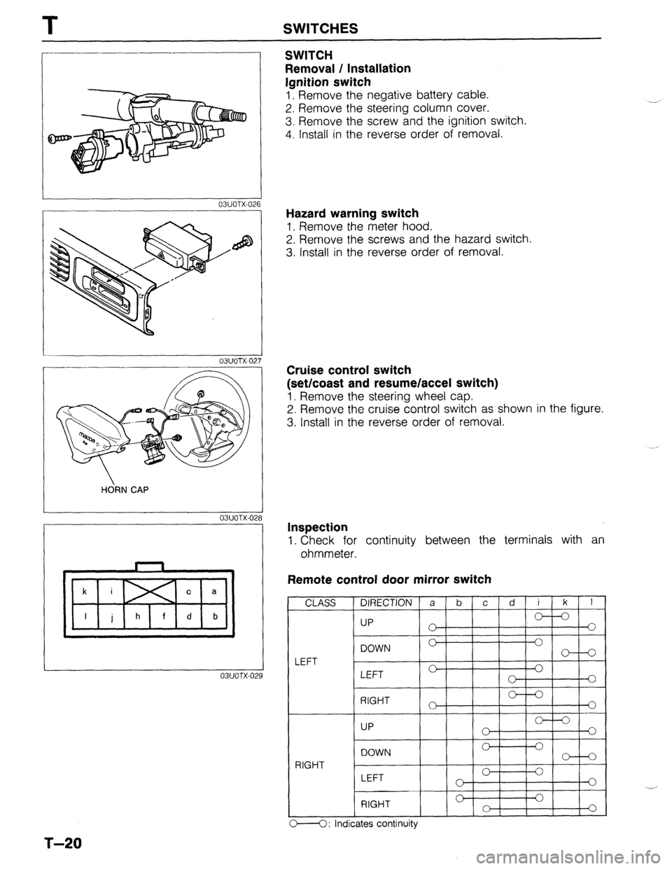 MAZDA 323 1989  Factory Repair Manual T SWITCHES 
03UOTX-026 
H&N CAP 
03UOTX-02 8 
03UOTX-02s 
SWITCH 
Removal / Installation 
Ignition switch 
1. Remove the negative battery cable. 
2. Remove the steering column cover. 
3. Remove the sc