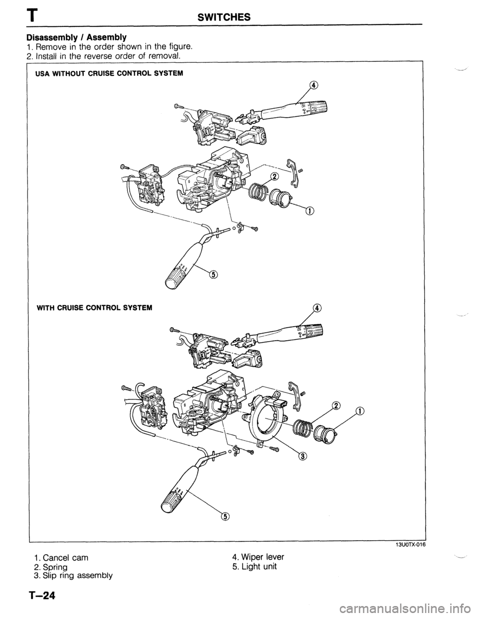 MAZDA 323 1989  Factory Repair Manual T SWITCHES 
USA WITHOUT CRUISE CONTROL SYSTEM 
4 
P 
WITH CRUISE CONTROL SYSTEM 
4 
P 
Disassembly / Assembly 
1. Remove in the order shown in the figure. 
2. install in the reverse order of removal. 