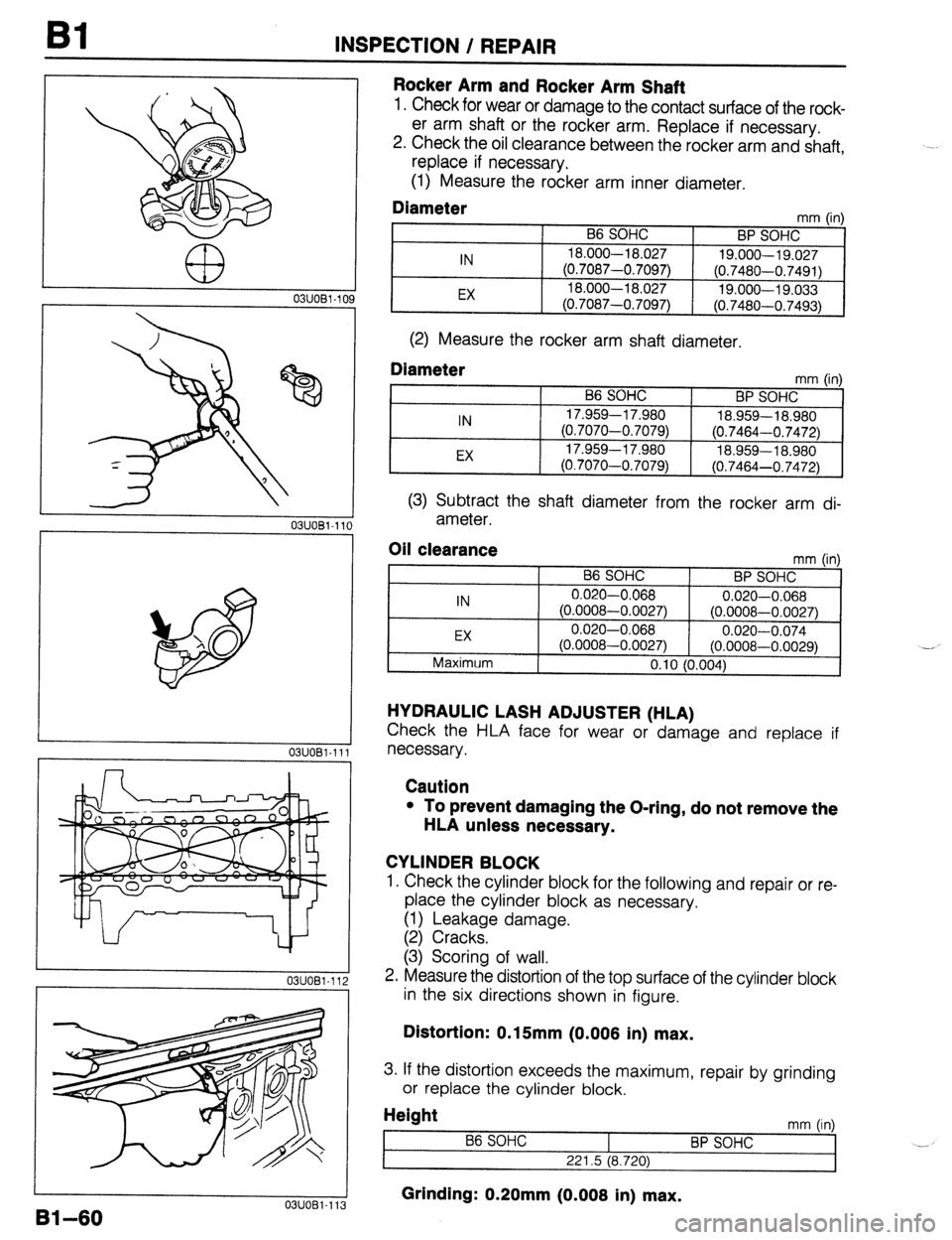MAZDA 323 1989  Factory Manual Online Bl INSPECTION / REPAIR 
a3 
03UOBl.109 
03UOBl-11t 
03UOBl-111 i 
3 
03UOBl-112 
Rocker Arm and Rocker Arm Shaft 
1. Check for wear or damage to the contact surface of the rock- 
er arm shaft or the r