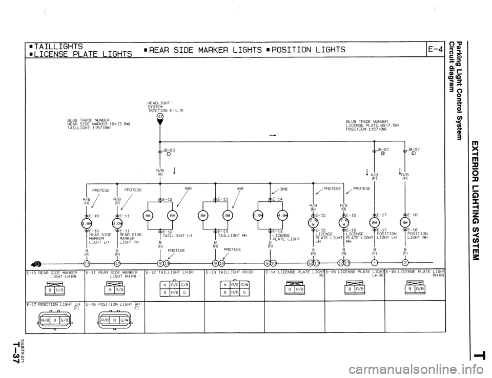 MAZDA 323 1989  Factory Repair Manual BLUB TRADE NLlNBER 
REAR SIDE MARKER 194 (3.8W1 BLUE TRADE NUNBER 
TAILLIGHT, 1157 (BW) LICENSE PLATE: 89 (7.5W) 
POSITION: 1157 (BW) 
4 
0 
Y 
. JB-03 
\B a , JE-07 
y5 co , JB-07 
\s 0 
m TAILLIGHTS