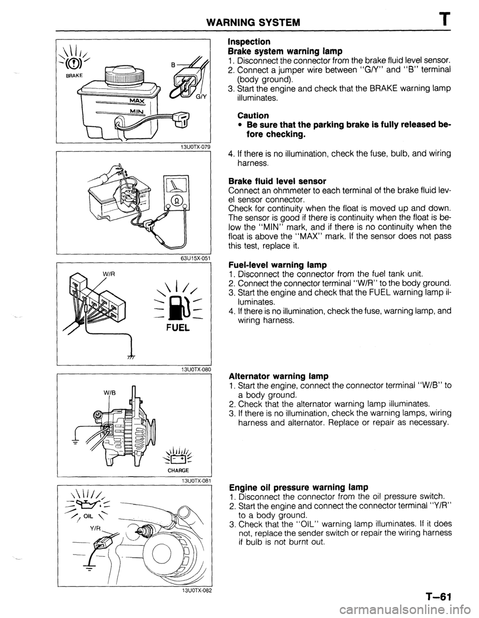 MAZDA 323 1989 Factory Repair Manual WARNING SYSTEM T
13UOTX-07
63U15X-05
, I//
‘nF -
-
-
FUEL
13UOTX.08C
- CHARGE
13UOTX-08
13UOTX-08
Inspection
Brake system warning lamp
1. Disconnect the connector from the brake fluid MAZDA 323 1989 Factory Repair Manual WARNING SYSTEM T
13UOTX-07
63U15X-05
, I//
‘nF -
-
-
FUEL
13UOTX.08C
- CHARGE
13UOTX-08
13UOTX-08
Inspection
Brake system warning lamp
1. Disconnect the connector from the brake fluid