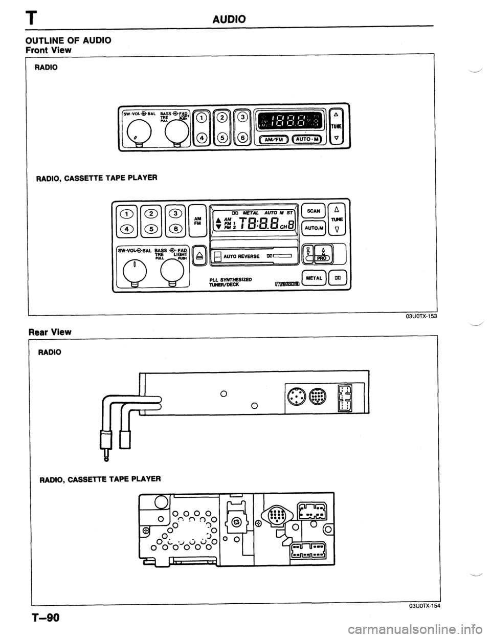 MAZDA 323 1989  Factory Repair Manual T AUDIO 
RADIO, CASSETTE TAPE PLAYER  RADIO 
OUTLINE OF AUDIO 
Front View 
RADIO 
II 0 : ’ 
/ 
I ’ 
0 ul. : I 
1 ,  Rear View 
RADIO, CASSETTE TAPE PLAYER 
I 03lJoTx-154 
.-’ 
T-90  