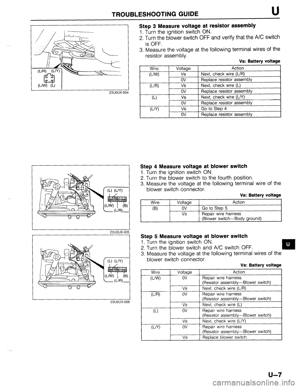 MAZDA 323 1989 Factory Repair Manual TROUBLESHOOTING GUIDE U
23UOUX-004
Step 3 Measure voltage at resistor assembly
1. Turn the ignition switch ON.
2. Turn the blower switch OFF and verify that the A/C switch
is OFF.
3. Measure the MAZDA 323 1989 Factory Repair Manual TROUBLESHOOTING GUIDE U
23UOUX-004
Step 3 Measure voltage at resistor assembly
1. Turn the ignition switch ON.
2. Turn the blower switch OFF and verify that the A/C switch
is OFF.
3. Measure the