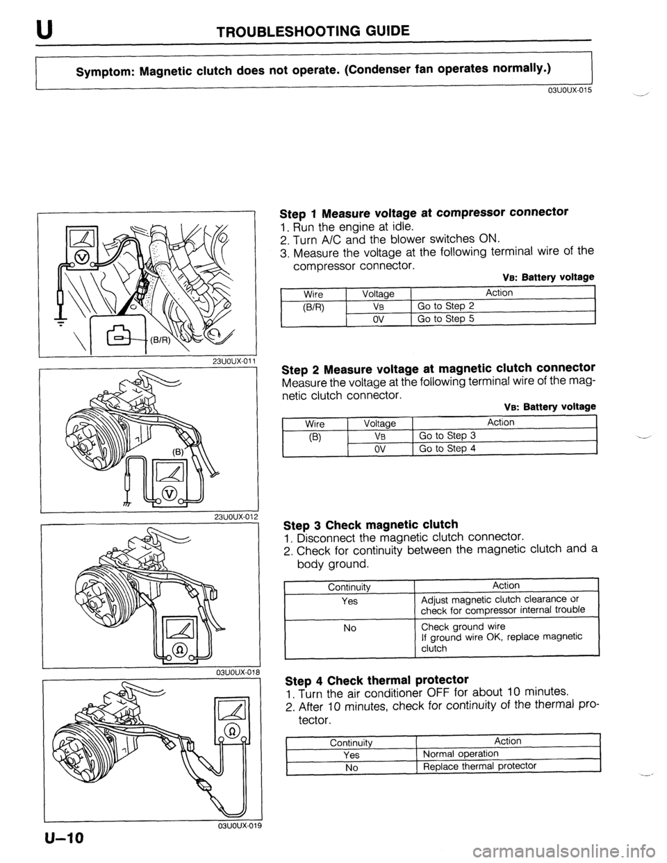 MAZDA 323 1989 Factory Repair Manual U TROUBLESHOOTING GUIDE
Symptom: Magnetic clutch does not operate. (Condenser fan operates normally.)
03uoux-015
_-I
I 23UOUX-011
Step 1 Measure voltage at compressor connector
1. Run the engine MAZDA 323 1989 Factory Repair Manual U TROUBLESHOOTING GUIDE
Symptom: Magnetic clutch does not operate. (Condenser fan operates normally.)
03uoux-015
_-I
I 23UOUX-011
Step 1 Measure voltage at compressor connector
1. Run the engine