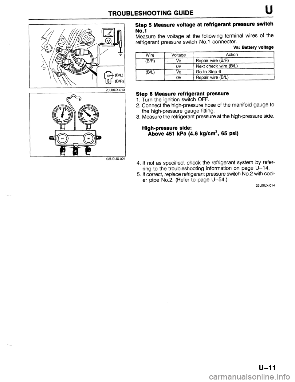 MAZDA 323 1989 Factory Repair Manual TROUBLESHOOTING GUIDE U
I 23UOUX-01
03UOUX-02
Step 5 Measure voltage at refrigerant pressure switch
No.1
Measure the voltage at the following terminal wires of the
refrigerant pressure switch No MAZDA 323 1989 Factory Repair Manual TROUBLESHOOTING GUIDE U
I 23UOUX-01
03UOUX-02
Step 5 Measure voltage at refrigerant pressure switch
No.1
Measure the voltage at the following terminal wires of the
refrigerant pressure switch No