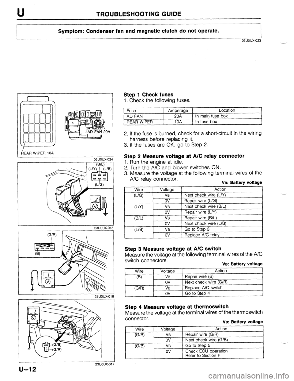 MAZDA 323 1989 Factory Repair Manual TROUBLESHOOTING GUIDE
Symptom: Condenser fan and magnetic clutch do not operate.
03uoux-023
r
3EAR WIPER 10A OA
L
03uoux-02.
I
1 Step 1 Check fuses
1. Check the following fuses.
Fuse Amperag MAZDA 323 1989 Factory Repair Manual TROUBLESHOOTING GUIDE
Symptom: Condenser fan and magnetic clutch do not operate.
03uoux-023
r
3EAR WIPER 10A OA
L
03uoux-02.
I
1 Step 1 Check fuses
1. Check the following fuses.
Fuse Amperag