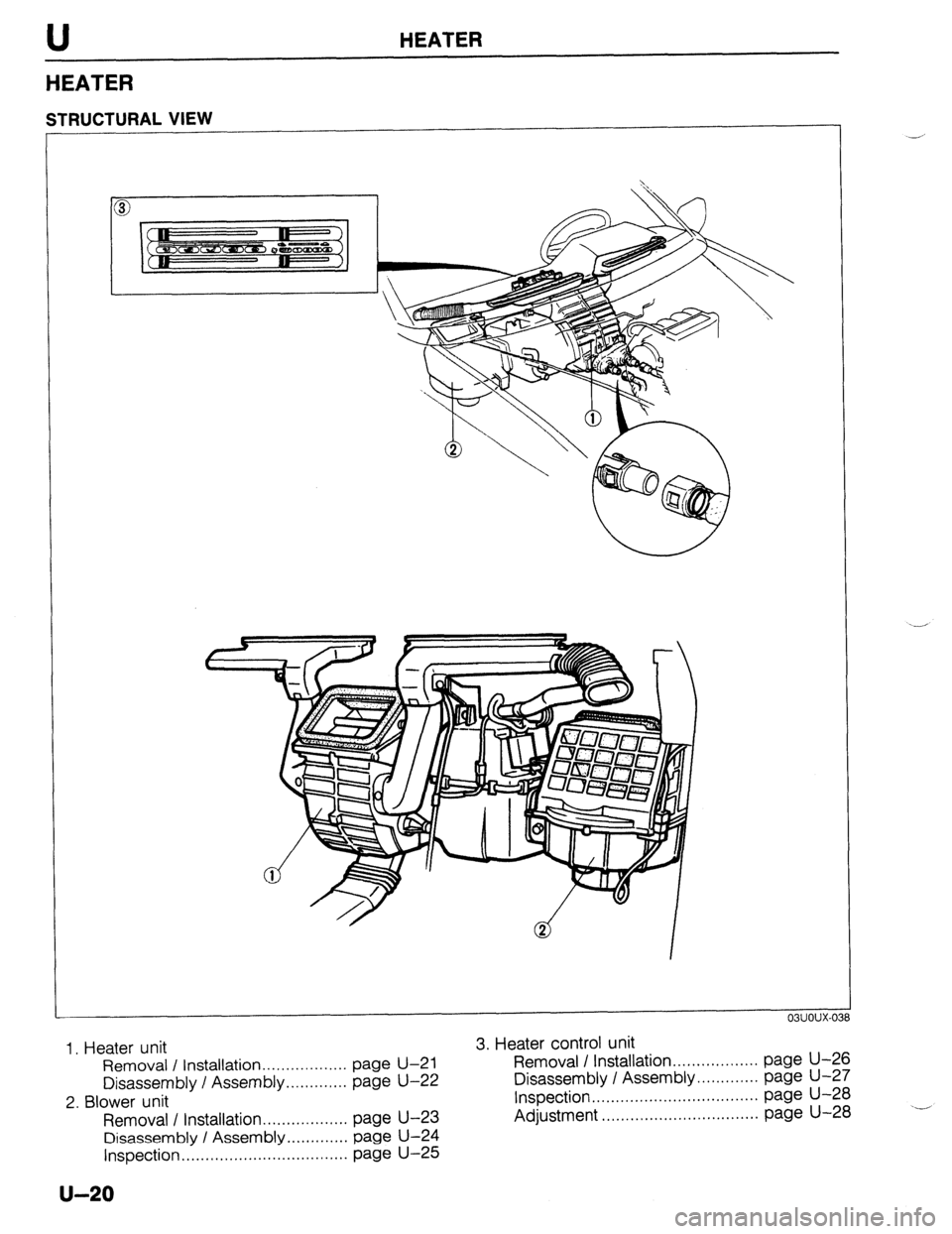 MAZDA 323 1989  Factory Repair Manual U HEATER 
HEATER 
STRUCTURAL VIEW 
1, Heater unit 3. Heater control unit 
Removal / Installation.. page U-21 Removal / Installation.. ................ page U-26 
................ 
Disassembly I Assemb