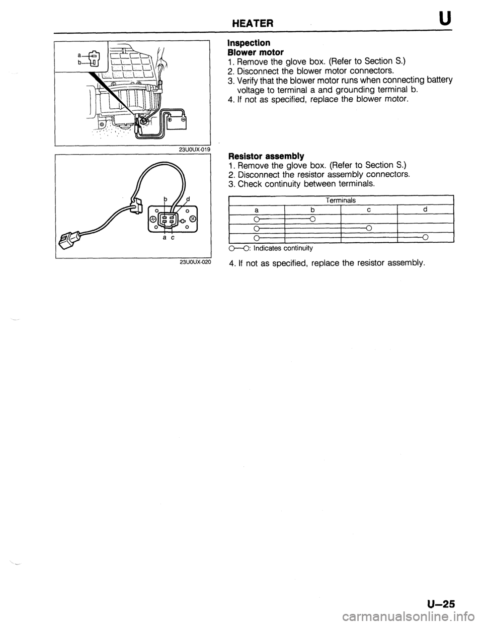 MAZDA 323 1989  Factory Repair Manual HEATER U 
23UOUX-01 
23uoux-02 
Inspection 
Blower motor 
1, Remove the glove box. (Refer to Section S.) 
2. Disconnect the blower motor connectors. 
3. Verify that the blower motor runs when connecti