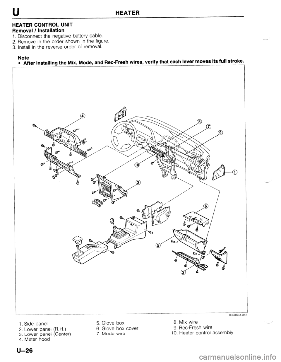 MAZDA 323 1989  Factory Repair Manual U HEATER 
HEATER CONTROL UNIT 
Removal / Installation 
1. Disconnect the negative battery cable. 
2. Remove in the order shown in the figure. 
3. Install in the reverse order of removal. 
Note 
l Afte