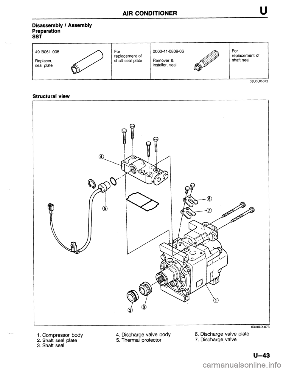 MAZDA 323 1989  Factory Repair Manual AIR CONDITIONER U 
Disassembly / Assembly 
Preparation 
SST 
49 B061 005 
Replacer, 
seal plate For 
replacement of 
shaft seal plate 0000-4 l-0809-06 
Remover & 
installer, seal For 
replacement of 

