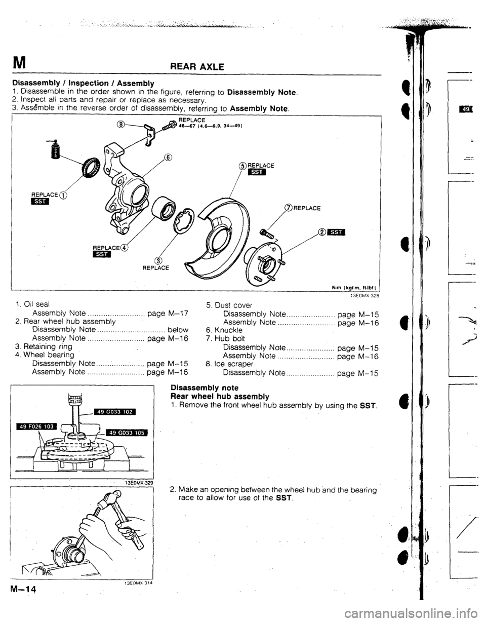 MAZDA 323 1992  Workshop Manual Suplement M REAR AXLE 
Disassembly ! Inspection ! Assembly 
1, Disassemble in the order shown in the figure, referring to Disassembly Note. 
2. Inspect ail parts and repair of replace as necessary. 
3. Assemble