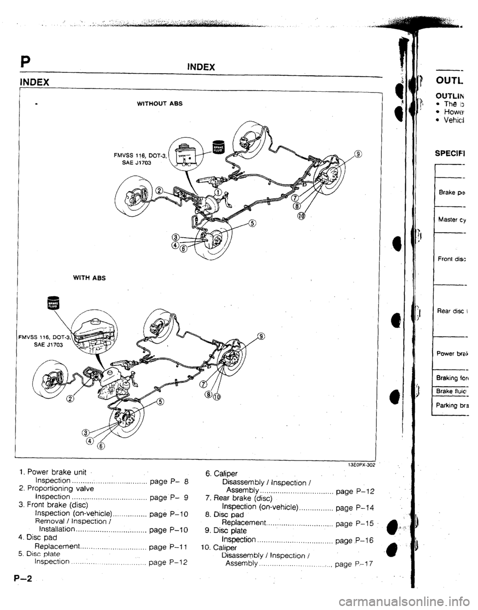 MAZDA 323 1992 Workshop Manual Suplement INDEX
. WfTHOUT ABS
WITH ASS
‘MVSS 1 t6, DOT-3
.
1. Power brake unit
tnspection . . . . . . . . . . . . . . . . . . . . . . . .._......... 6. Catiper
page P- 8
Disassembly / tnspection I
2. MAZDA 323 1992 Workshop Manual Suplement INDEX
. WfTHOUT ABS
WITH ASS
‘MVSS 1 t6, DOT-3
.
1. Power brake unit
tnspection . . . . . . . . . . . . . . . . . . . . . . . .._......... 6. Catiper
page P- 8
Disassembly / tnspection I
2.
